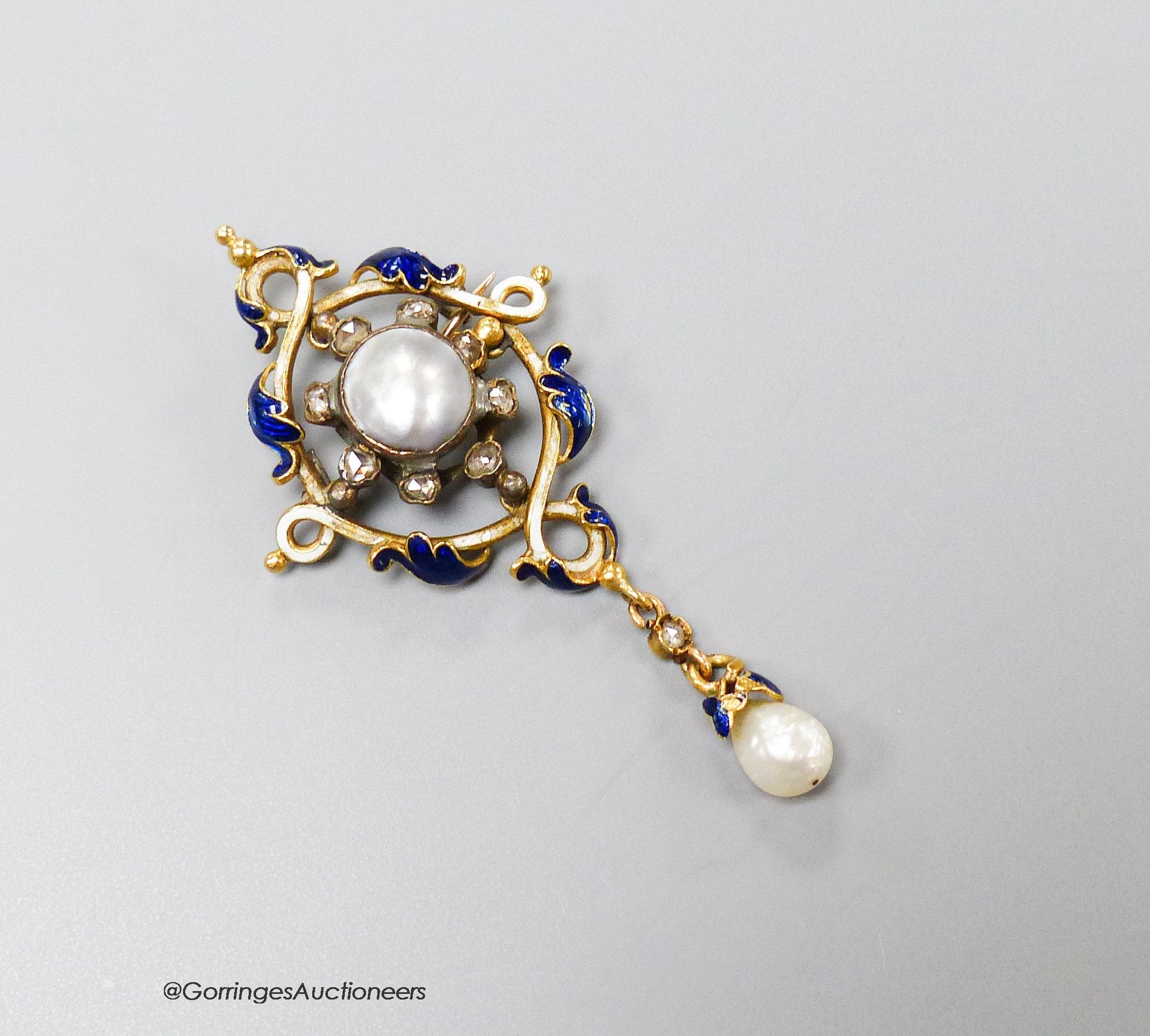 A 19th century continental yellow metal enamel, split and baroque pearl and rose cut diamond set drop pendant (adapted), 6cm, gross 9.1 grams.